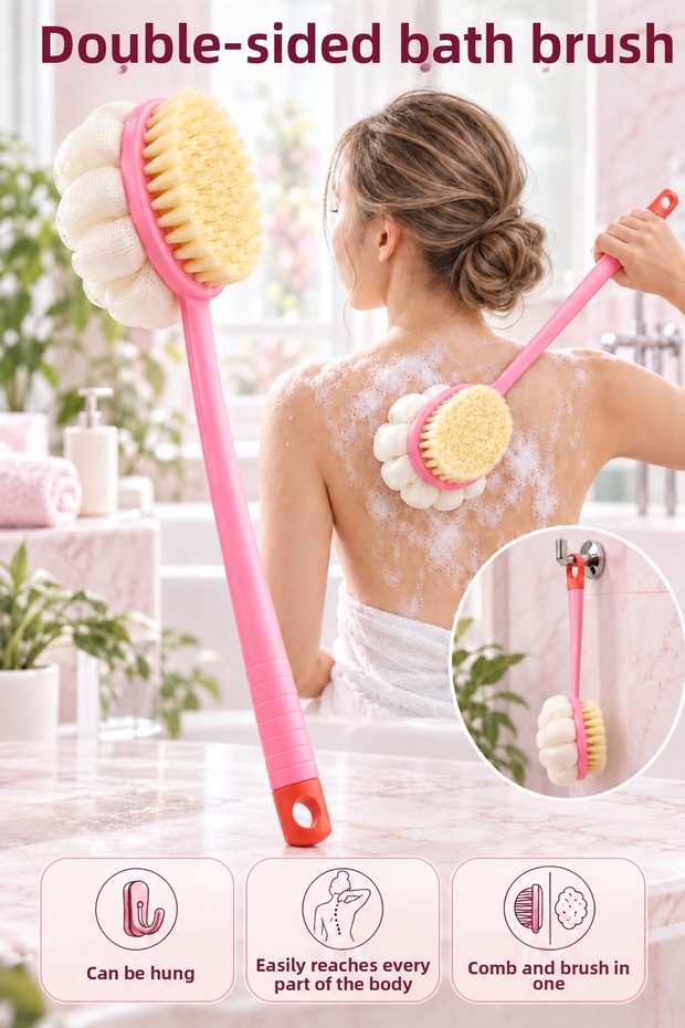 2-in-1 Bristle and Fiber Headed Hangable Long Handle Bath Exfoliating & Massage Shower Back Brush Pink