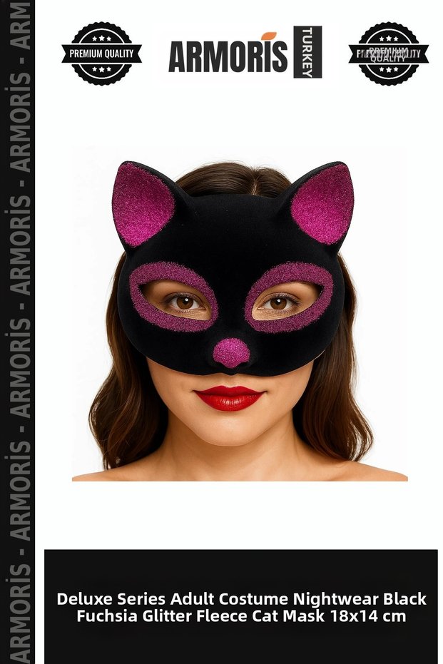 Delux Series Adult Nightwear Black Color Fuchsia Glitter Suede Coated Cat Mask 18X14 cm