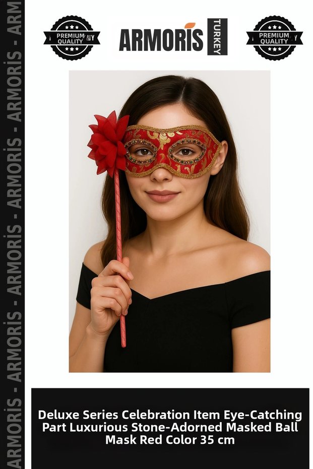 Delux Series Celebration Item Eye-Catching Piece Luxury Stone-Adorned Handle Masquerade Mask Red Color 35 cm