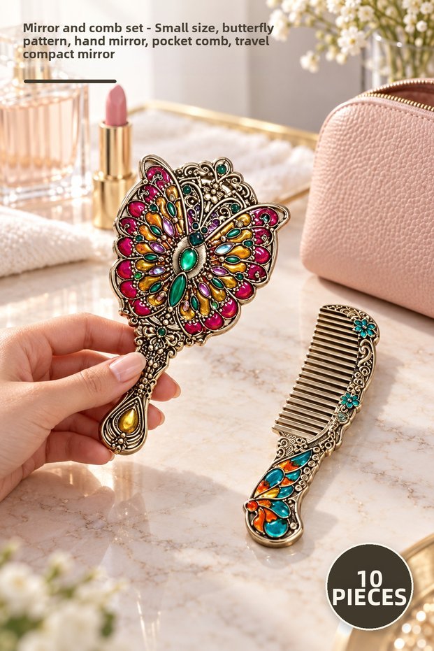 10-Piece Mirror and Comb Set – Small Size with Butterfly Pattern, Hand Mirror, Pocket Comb, Travel, Compact Mirror, Pocket Comb