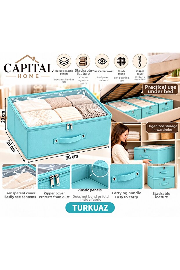 Multipurpose Organizer under the Bed + Storage Box Transparent Closed + Zippered Small Size 35 X 26 X 20 cm