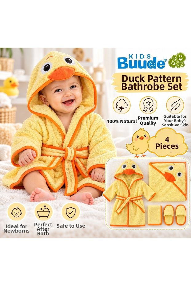 Cotton Chick Patterned Soft Towel Fabric Hooded Baby Boy 4 Piece Bathrobe Bath Set 0-24 Months
