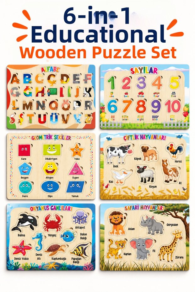 Wooden Educational 6-Piece Puzzle Set – Alphabet, Numbers, Geometric Shapes, Farm Animals, Ocean