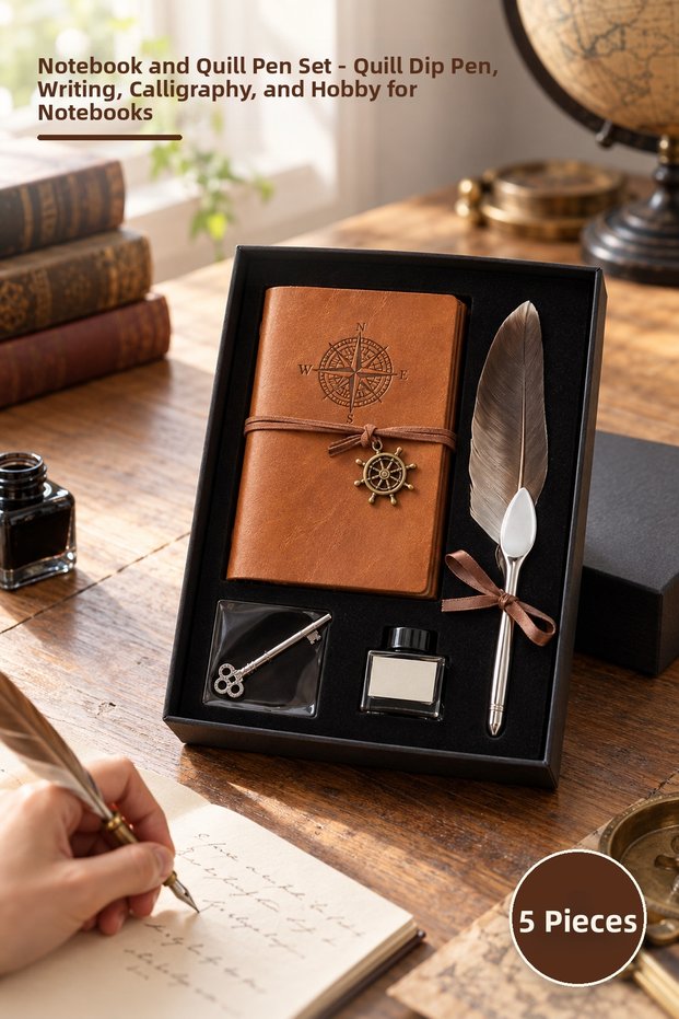 5-Piece Notebook and Feather Dip Pen Set – Feather Dip Pen, for Writing, Calligraphy, and Hobbies on Notebooks