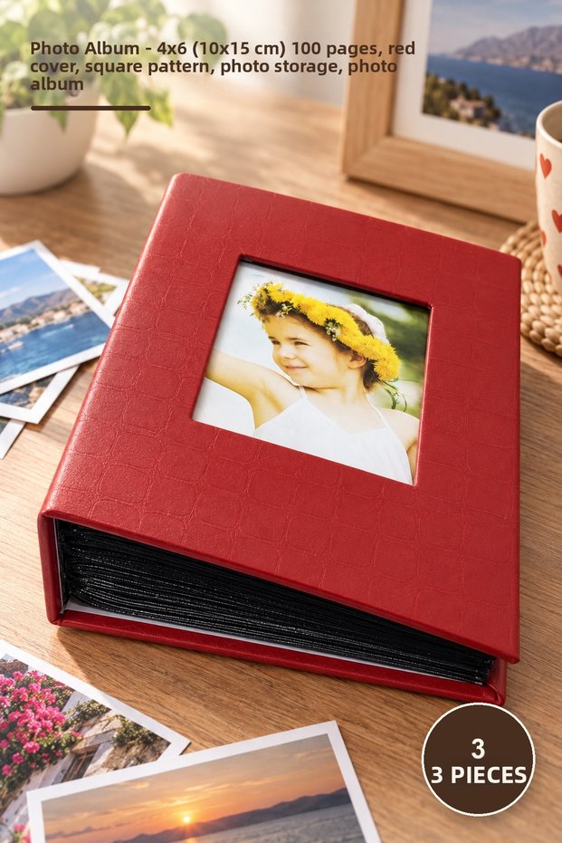 3 pieces of photo album - 4x6 (10x15 cm) 100 pieces, red cover, square patterned, photo storage, photo album
