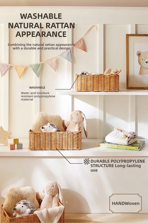 2-Piece Children's Room Washable Beige Pp Rattan Closet Laundry Toy Organizer Storage Basket Organizer 30X20X11 /36X26X12