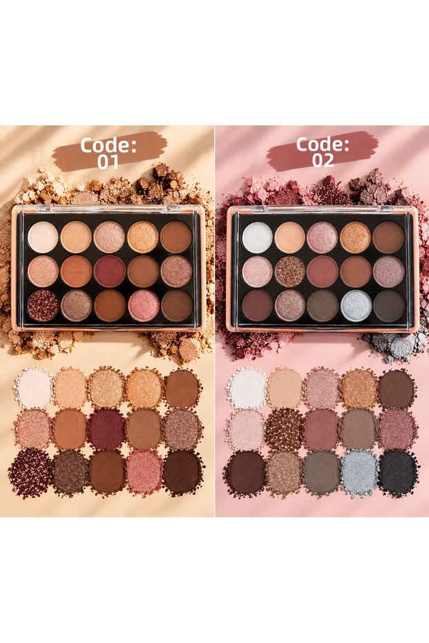 15 Color Eyeshadow Palette – Matte, Shimmer, and Glitter Shadows – 01 Nude Gold / 02 Rose Brown