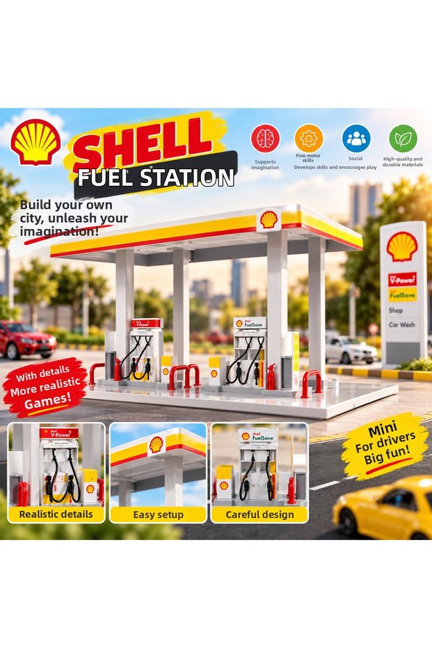 1:64 Gas Station Diorama Playset – Detailed Shell Fuel Station for Model Vehicles