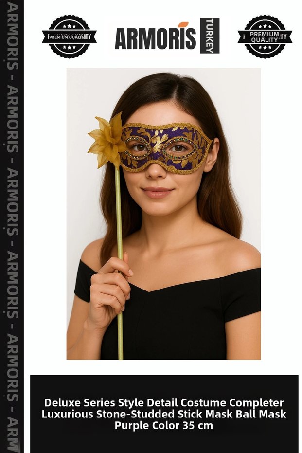 Delux Series Style Detailed Costume Complementing Luxury Stone-Embellished Handle Masquerade Mask Purple Color 35 cm