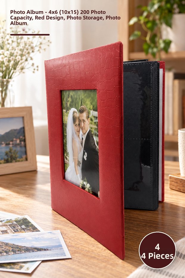 4 pcs photo album - 4x6 (10x15) 200-picture capacity red design, photo storage, photo album
