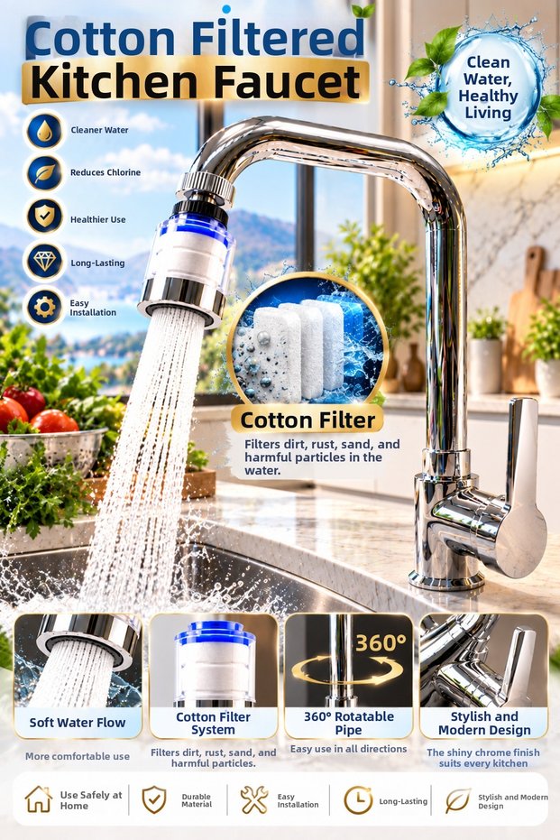 Corner Delta Kitchen Faucet with Cotton Filter – Purified Sink Tap – Filtered Water Faucet – Chrome