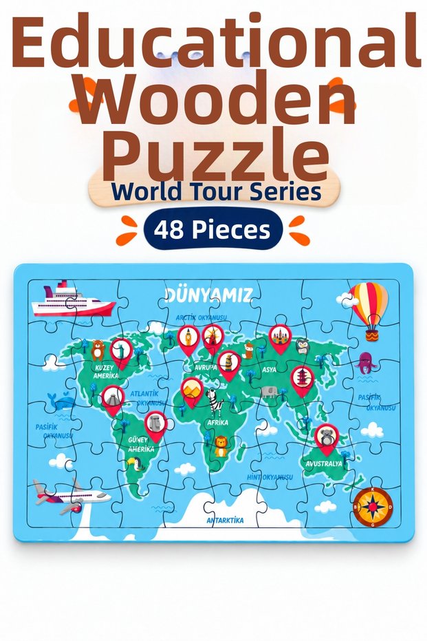 48 Piece World Tour Themed Puzzle Children's Educational Puzzle Game 27.5X19.5 cm
