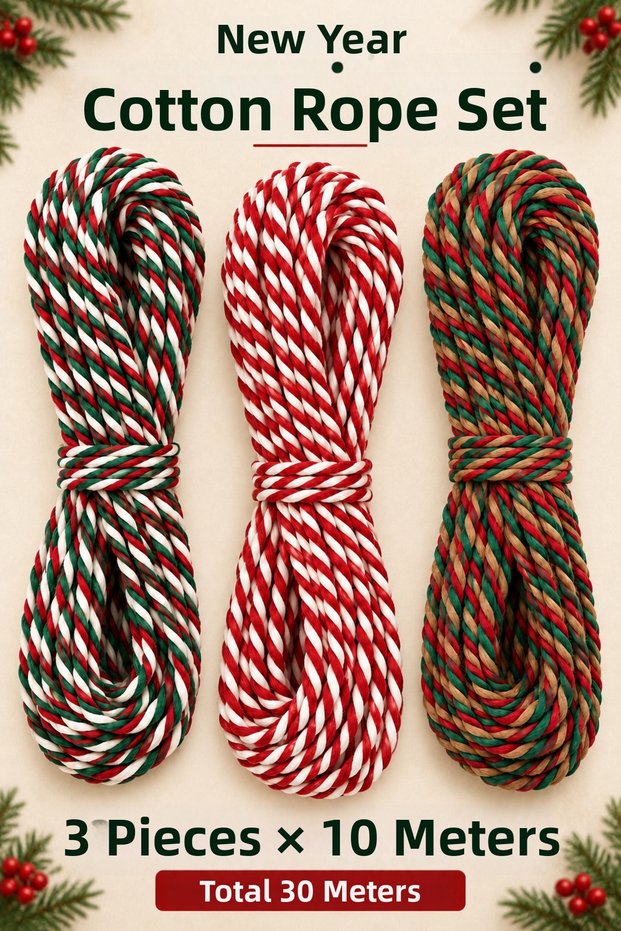 Christmas Cotton Rope Set 3 Pieces X 10 Meters Total 30 m Colorful Twisted Gift Wrapping and Decoration String