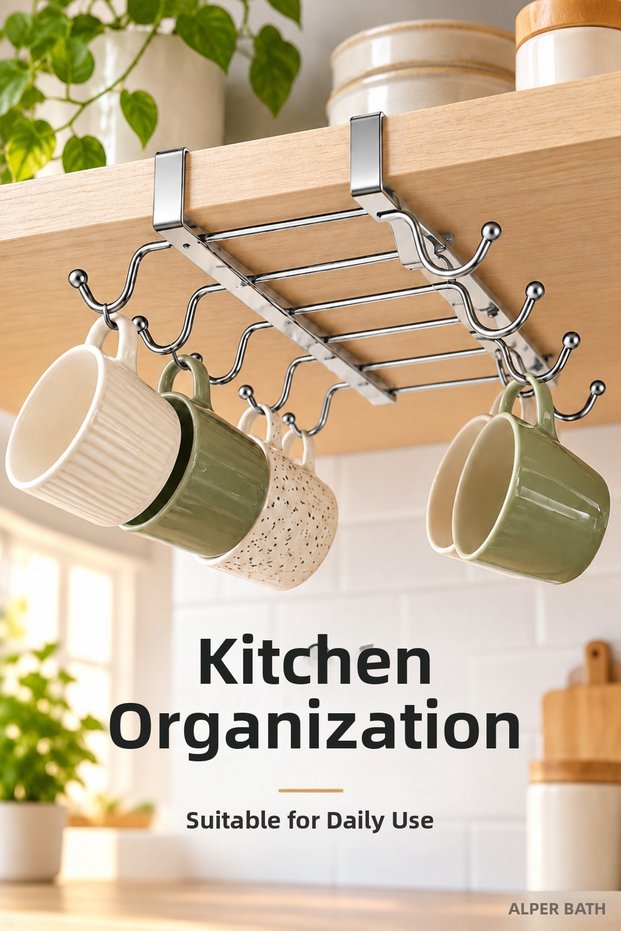 Chrome Metal 10-Hook Plastic Cup Holder with Hooks and Plastic Shoes for Cup Hanging, Cup Hanger for Inside the Cabinet