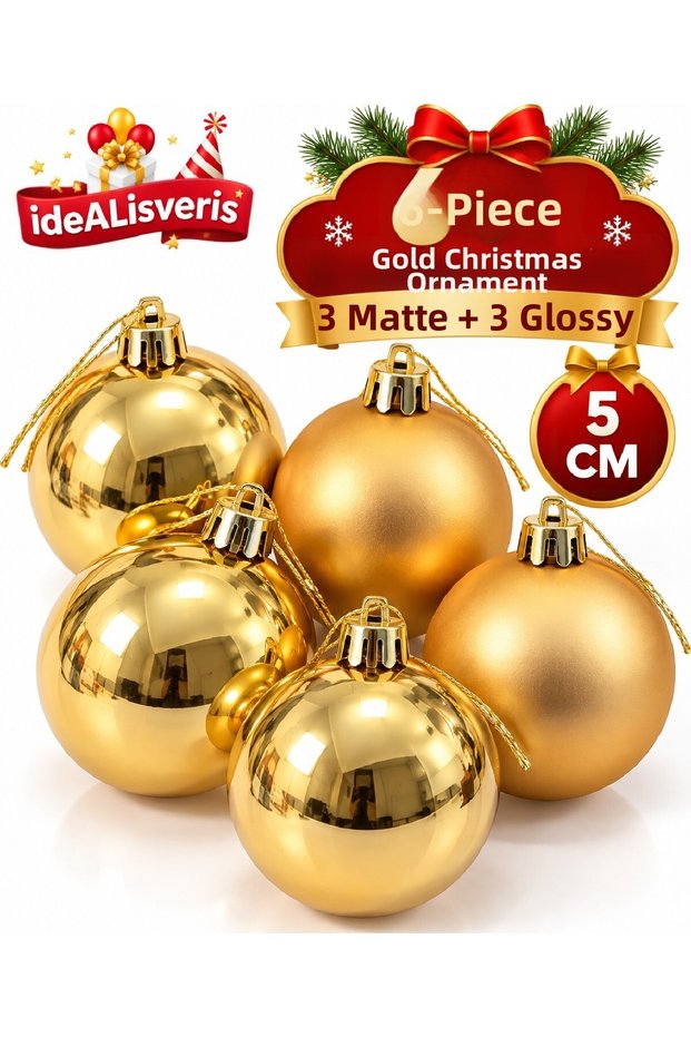 Set of 6 Silver Red Gold Mixed Christmas Tree Ornaments 5 cm – 3 Matte 3 Shiny Gold Color Pine Tree Ornament Balls Set Christmas Tree Ornament