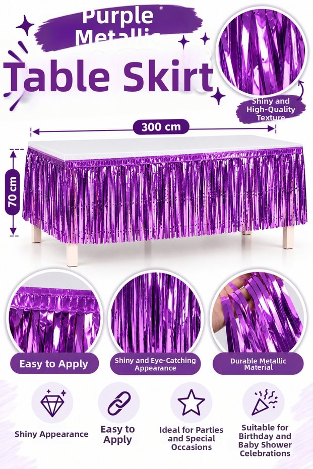 Purple Metalized Table Skirt 70X300 cm Shiny Tassels Table Decoration Birthday Party Baby Shower Wedding Engagement Organization Decor