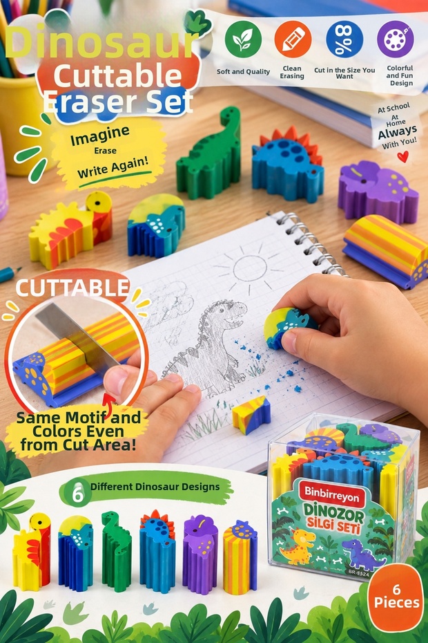 6 Pieces Cuttable Eraser Set Dinosaur 50mm Colorful Soft Eraser Vd070