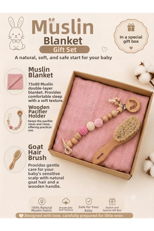 Newborn Pink Blanket Gift Set | Muslin Blanket, Pacifier Strap & Goat Hair Comb