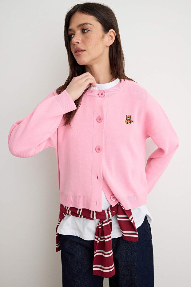 Pink Crew Neck Teddy Bear Embroidered Knitwear Cardigan Twoaw26Hi00287