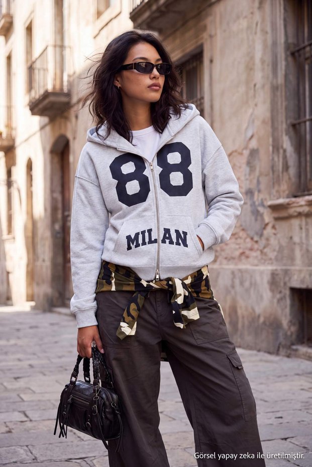 Kar Melanj Kalın İçi Polarlı Slogan Baskılı Fermuarlı Kapüşonlu Örme Sweatshirt TWOAW27SW00199