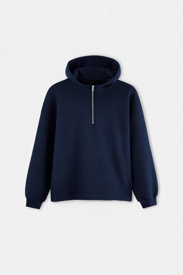 Navy Blue Hooded Half-Zip Oversize Knitted Sweatshirt Twoaw27Sw00216