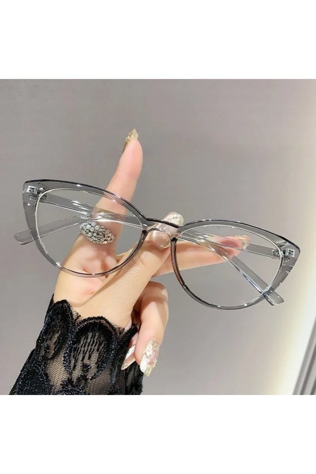 0 Transparent Gray Fashionable Cat-Eye Full-Frame Reading Glasses, Retro Style, Fashionable Anti-Blu