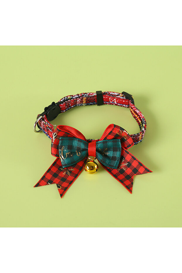 Red Jingle&Sparkle Merry Christmas Pet Bow Collar Anti-Choke Adjustable with Plaid Gold Foil Bows &