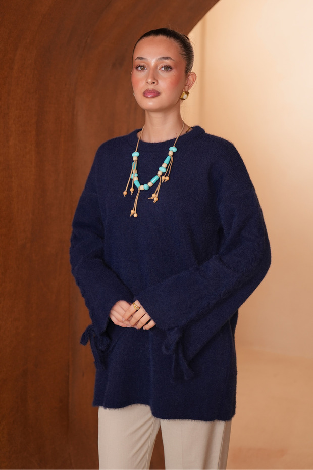 Women's Crew Neck Sleeve Detailed Lace-Up Oversize Bearded Knitwear Tunic 8426 Navy Blue