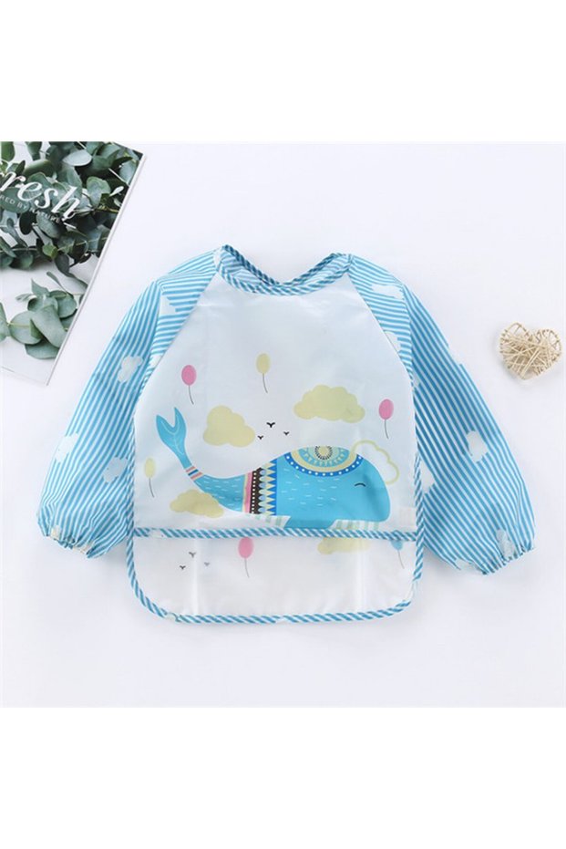0-3Years Whale Baby Long Sleeve Scarf Waterproof Toddler Art Smock Feeding Bib Apron Pocket Infant B