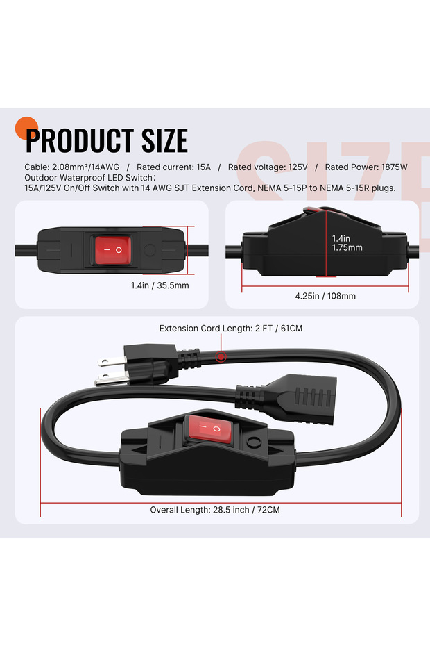 2FT-6M 6M 24M 48M Extension Cord with Switch Outdoor 14AWG 3 Prong Switched Extension Cord 15A 125V
