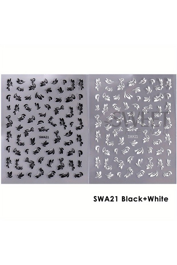 SWA21 Black White 2pcs Black And White Lace Flowers Nail Sticker Painting Floral Leaves Wedding Char