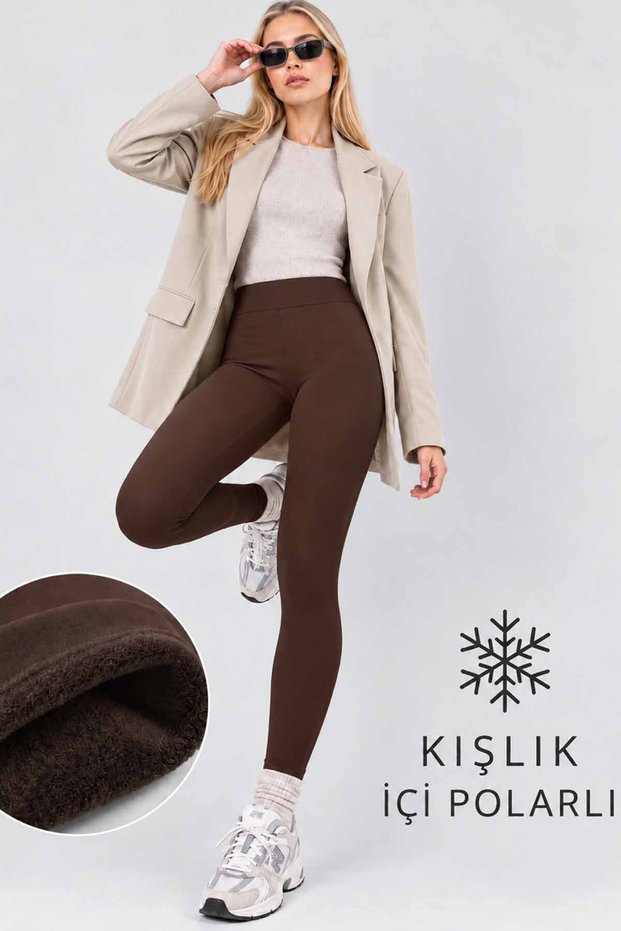 Women's High Waist Fleece Lined Winter Leggings Brown Diving Scuba Fabric