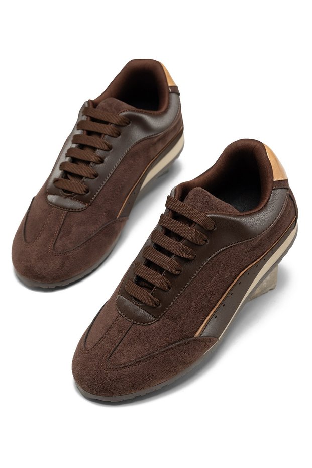 Women's Brown Suede Decorated Lace-Up Comfortable Sole Casual Sneaker Sports Shoes