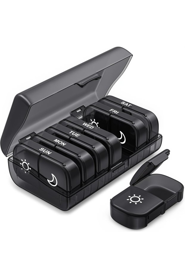black Weekly Pill Organizer 2 Times a Day, Pill Box 7 Day with One-Side Large Openings, Black Privac
