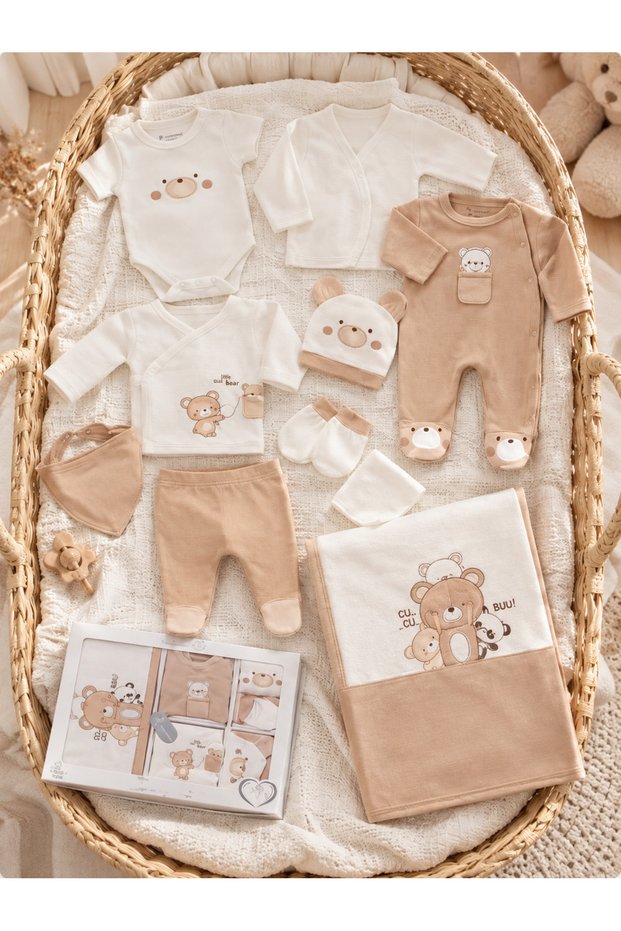 Waffle Fabric Teddy Bear Printed 100% Cotton Newborn Baby Boy 10 Piece Hospital Discharge Bodysuit Set