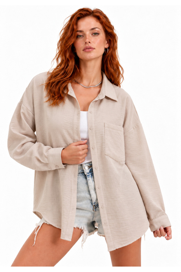 Beige Women's Oversize Shirt Long Sleeve Cotton Comfortable Fit Daily Basic Shirt