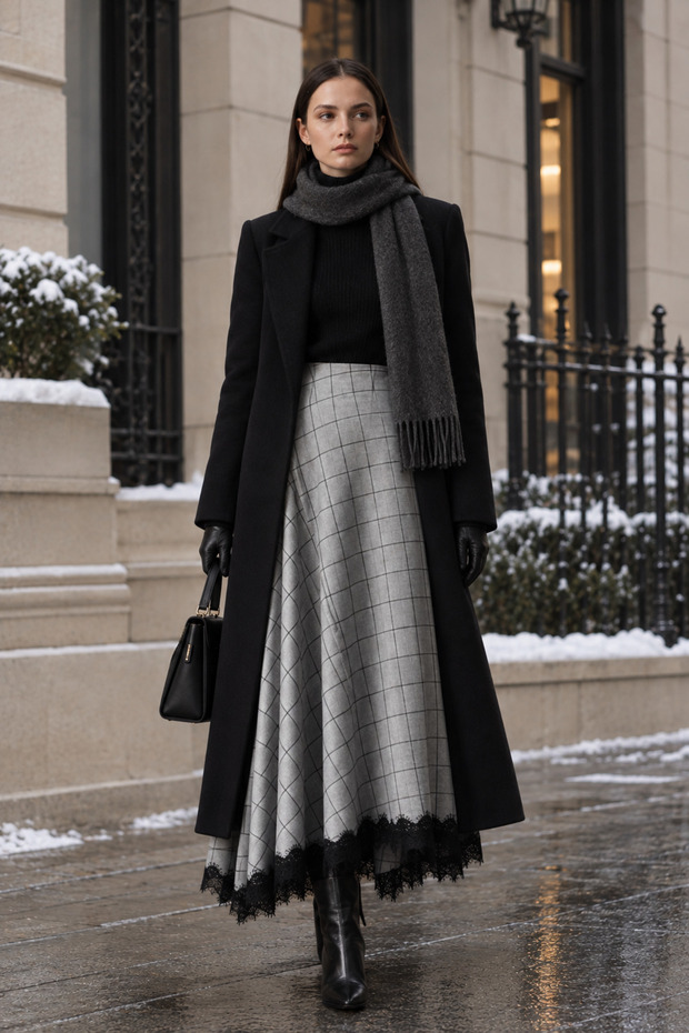 A Quality Women's Plaid Skirt with Lace Detail and Asymmetrical Look