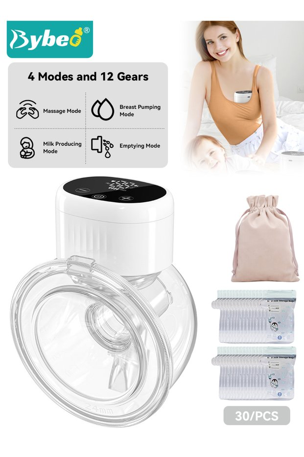 Wearable Breast Pump with 30-Piece Breast Milk Bags & Storage Bag, Electric Breast Pump, Portable Hands-Free Breast Pump with 4 Modes & 12 Levels, Leak-Proof and Ultra-Quiet