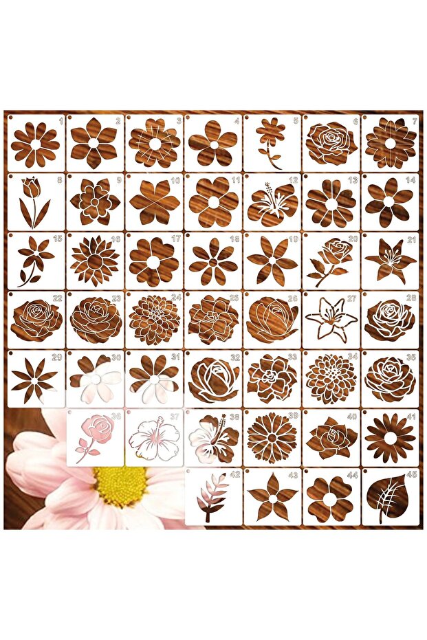 WHITE 45 Flower Stencils, Suitable for Painting on Wood, Reusable, Small and Cute Daisy, Leaf, and F