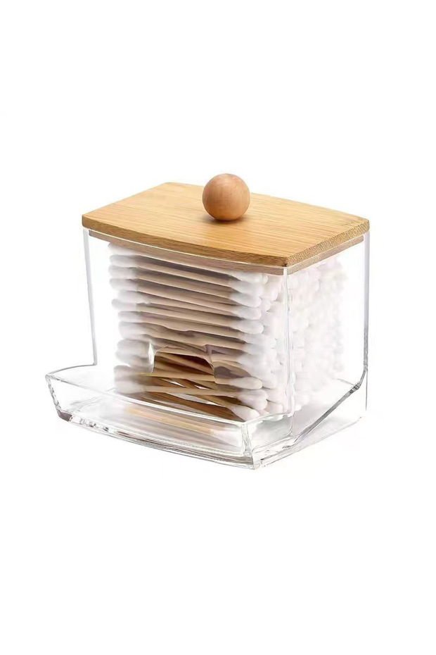 C 9X7.2X10 Transparent Cotton Swab Cotton Pad Storage Box with Bamboo Lid Dustproof Bathroom Vanity