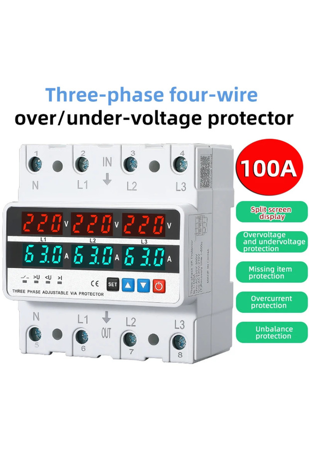Split screen-100A 3 Phase 63A/100A Din Rail Voltmeter Ammeter Adjustable Over and Under Voltage Curr