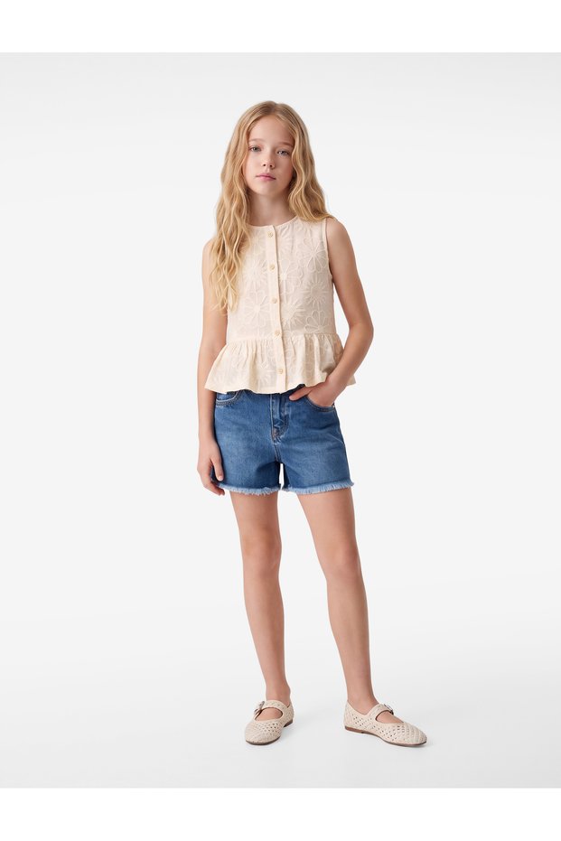 Lace Detailed Crew Neck Sleeveless Buttoned Cotton Blouse