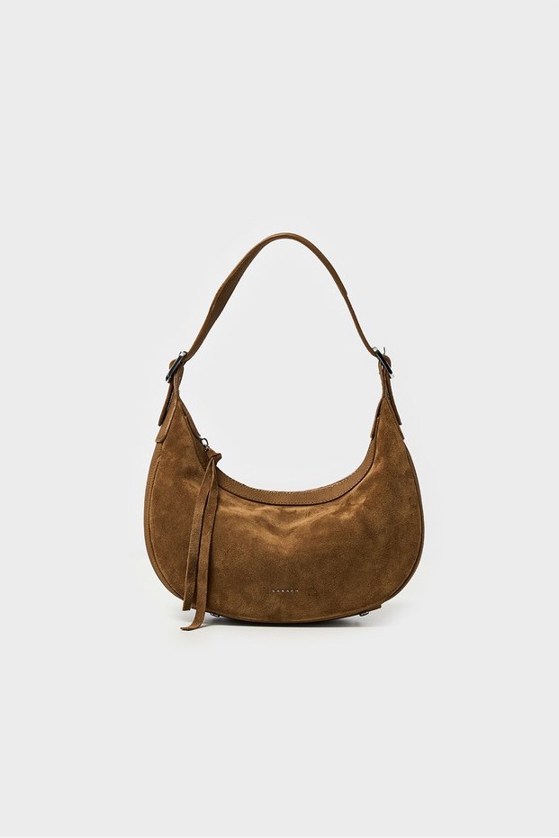 Genuine Suede Baguette Shoulder Bag with Detailed Buckle - Tan