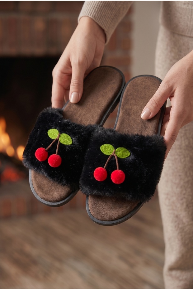 Women's Black Cherry Detailed Furry Plush Slippers