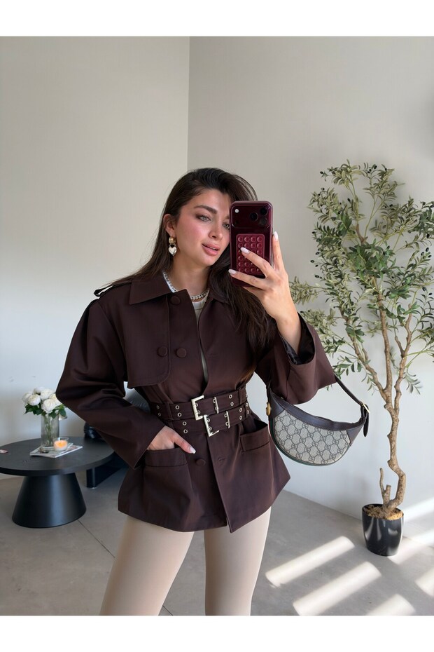 Brown Double Belted Short Trench Coat