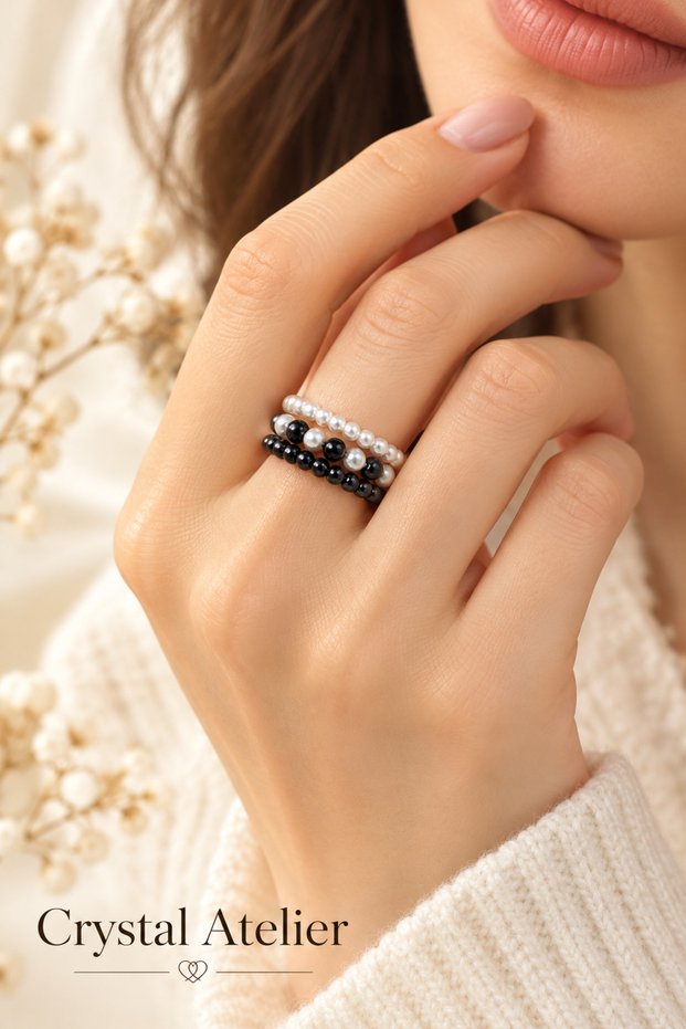Pearl Elastic Ring Set-Flexible Fishing Line Drawstring Pearl Joint Ring-Pearl Ring-Sand Beaded Ring Set
