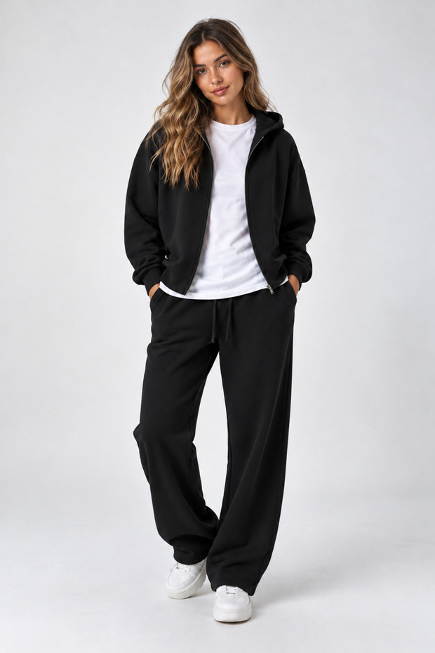 Black Baggy Tracksuit Set Hooded Cardigan Unisex Winter 3 Thread 100% Cotton