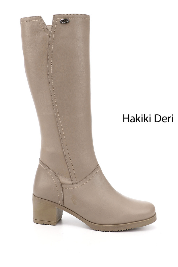 Women's Beige Zippered Thick Heeled Genuine Leather Boots