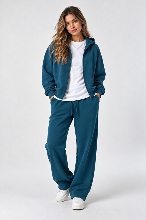 Petrol Blue Baggy Tracksuit Set Hooded Cardigan Unisex Winter 3 Thread 100% Cotton