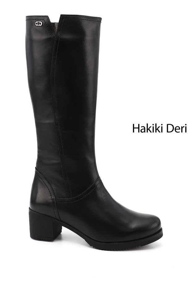 Women's Black Zippered Thick Heeled Genuine Leather Boots